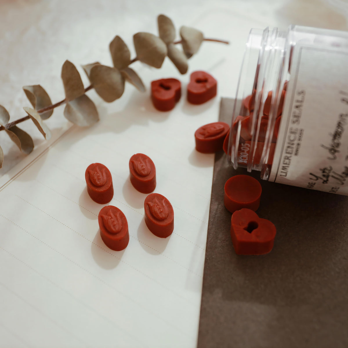 LimerenceSeals 'Late Autumn' handmade red sealing wax beads scattered on a desk, featuring intricate designs. Perfect for letter sealing and decoration, accompanied by a dried eucalyptus branch for an elegant and artistic touch.