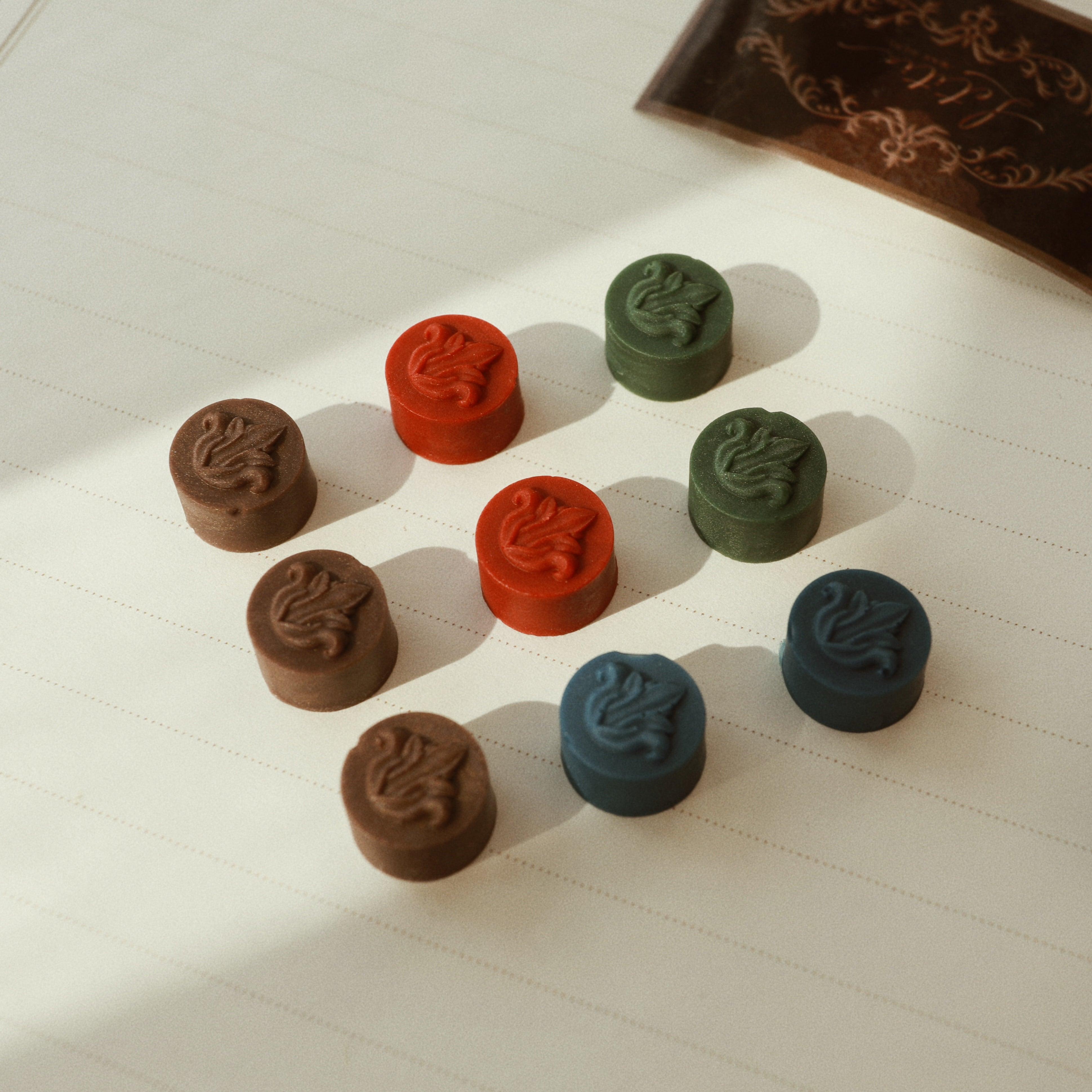 LimerenceSeals 'Late Autumn' handmade sealing wax beads in multicolor, featuring brown, red, green, and blue beads with intricate patterns. Perfect for adding an artistic touch to sealing letters, crafts, and gifts.